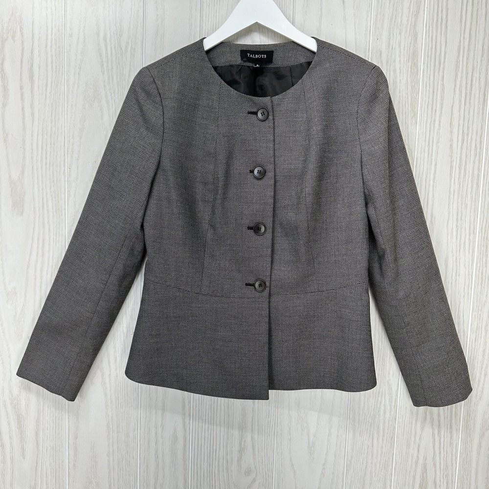 Talbots Peplum Blazer Jacket Womens Size‎ 8 Brown Button Front Long Sleeve Lined